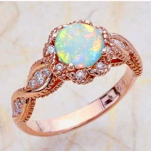 ROSE GOLD ROUND OPAL CZ DIAMOND HALO TWIST RING